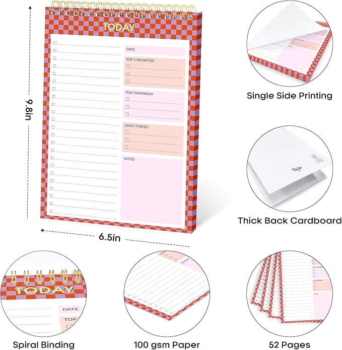 Taja To Do List Notepad - To Do List Notebook for Work with 52 Sheets, 9.8" x 6.5", Undated Daily Planner Perfect for Daily Tasks and Goal Setting, Notepad Suitable for Office, Home & School - Sunset Checkered