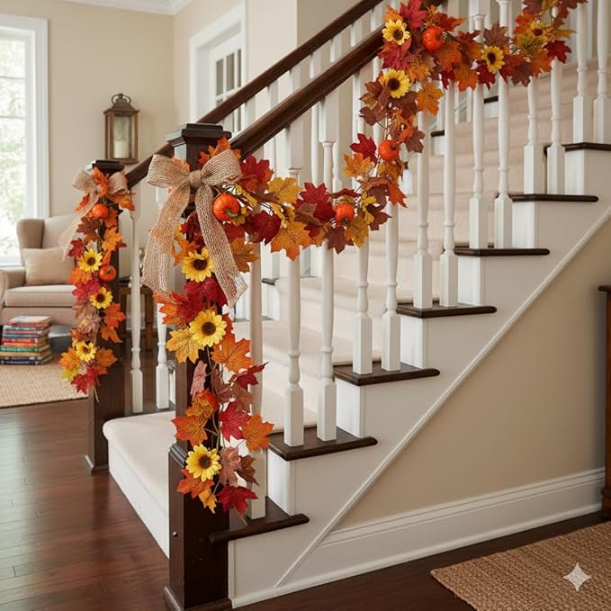 3 Pack Fall Garland for Mantle - 5.6Ft Artificial Maple Vine with Pumpkins & Sunflowers, Autumn Fall Decor for Fireplace Thanksgiving Halloween Wedding Farmhouse Indoor Outdoor Porch Decoration