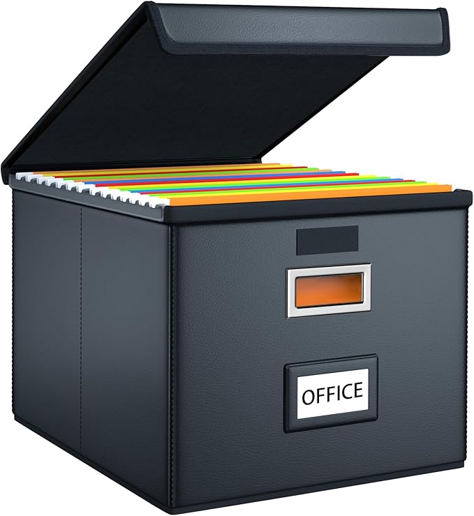 Huolewa File Organizer Box with Lid, Collapsible Faux Leather Hanging File Folder Box Organizer with Plastic Slides, Decorative Home/Office Filing System Boxes for File and Folders Storage
