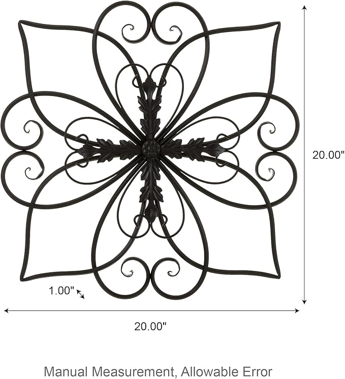Glitzhome Black Metal Wall Art Decor, 20 Inch Iron Wall Decor with Heart and Petal Scroll Design, Indoor Outdoor Wall Accent for Garden Porch Patio
