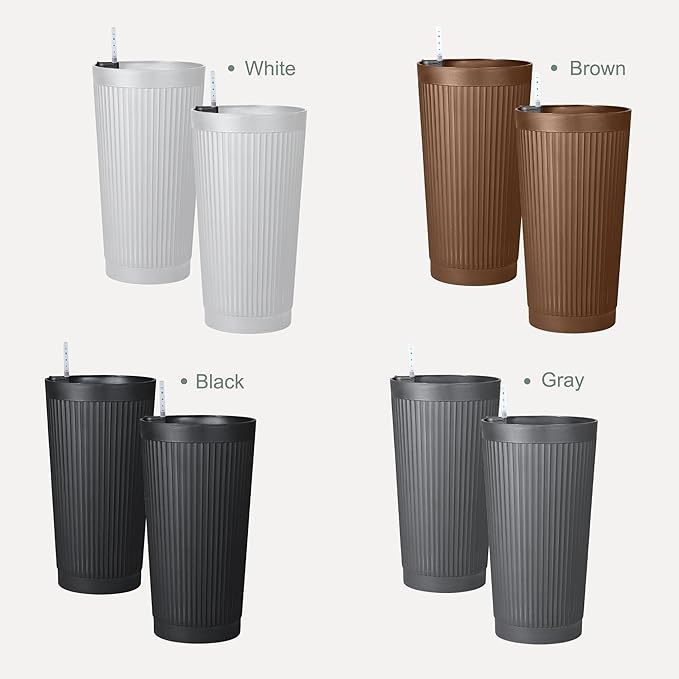 Set of 2 Large Planter Outdoor Self Watering Pots for Indoor Plants, 24" Tall Planters with Drainage Hole for Patio, Garden (Brown Ribbed)