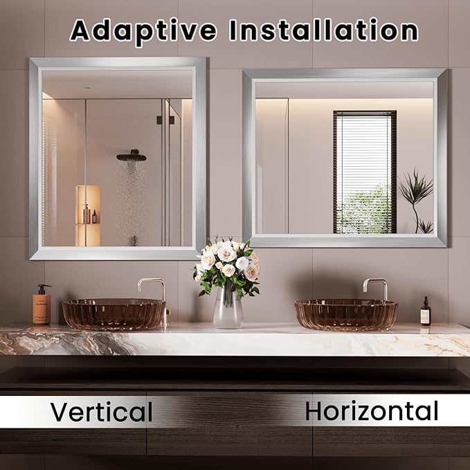 Amorho Bathroom Mirror, 28x32 Inch Silver Thick Metal Framed Wall Mirrors