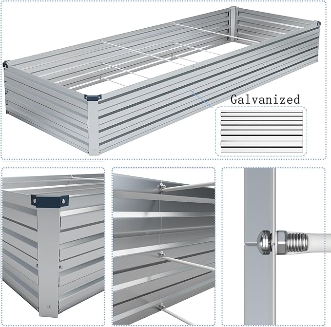 10×3×1FT(2PCS) Galvanized Raised Garden Bed Kit Metal Planter Boxes,Large Outdoor Planters Garden for Planting Vegetables,Flowers,Herbs -Silver