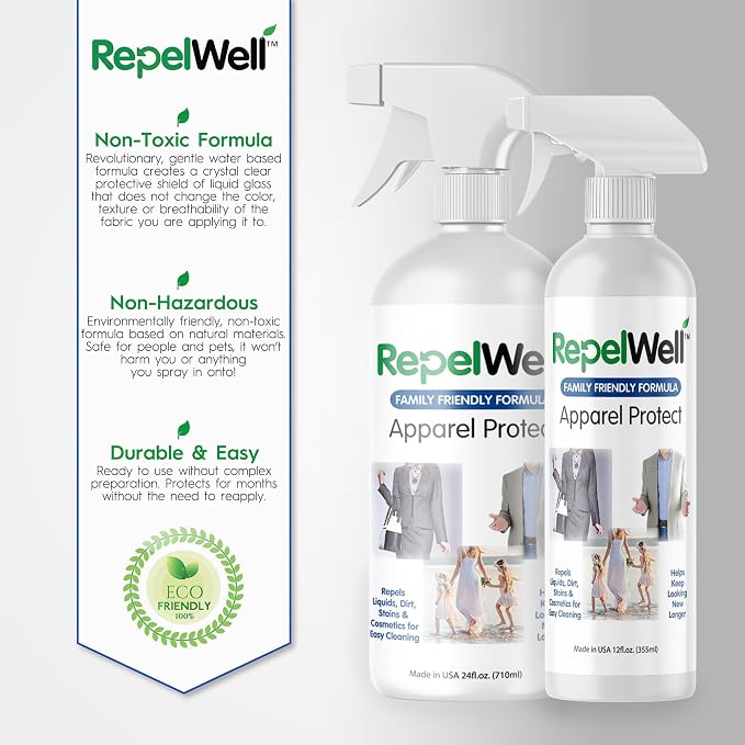 RepelWell Apparel Protect (24oz) Stain & Water Repellent Spray – Non-Toxic, Eco-Friendly, Pet-Safe Sprays for Clothing & More