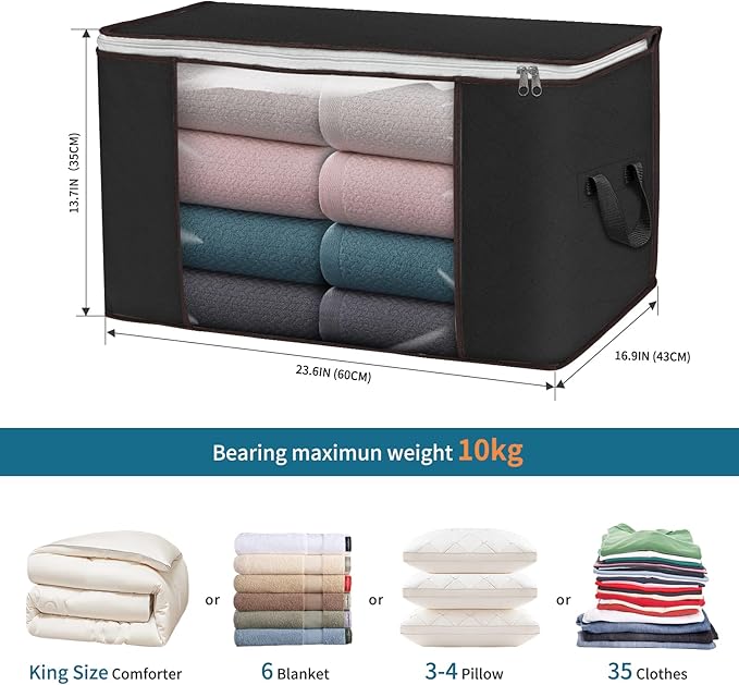 Large Storage Bags, 8 Pack Clothes Storage Bins Foldable Closet Organizers Storage Containers with Durable Handles Thick Fabric for Blanket Comforter Clothing Bedding 90 L (Black)