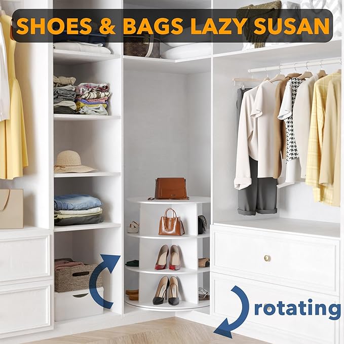 SpaceAid 3 Tier Rotating Shoe Rack Tower, Spinning Shoe Display Lazy Susan, Revolving 360 Shoe Rack Storage Round Carousel, Vertical Handbag Rotate Shoes Closet Organization (3-Tier White)