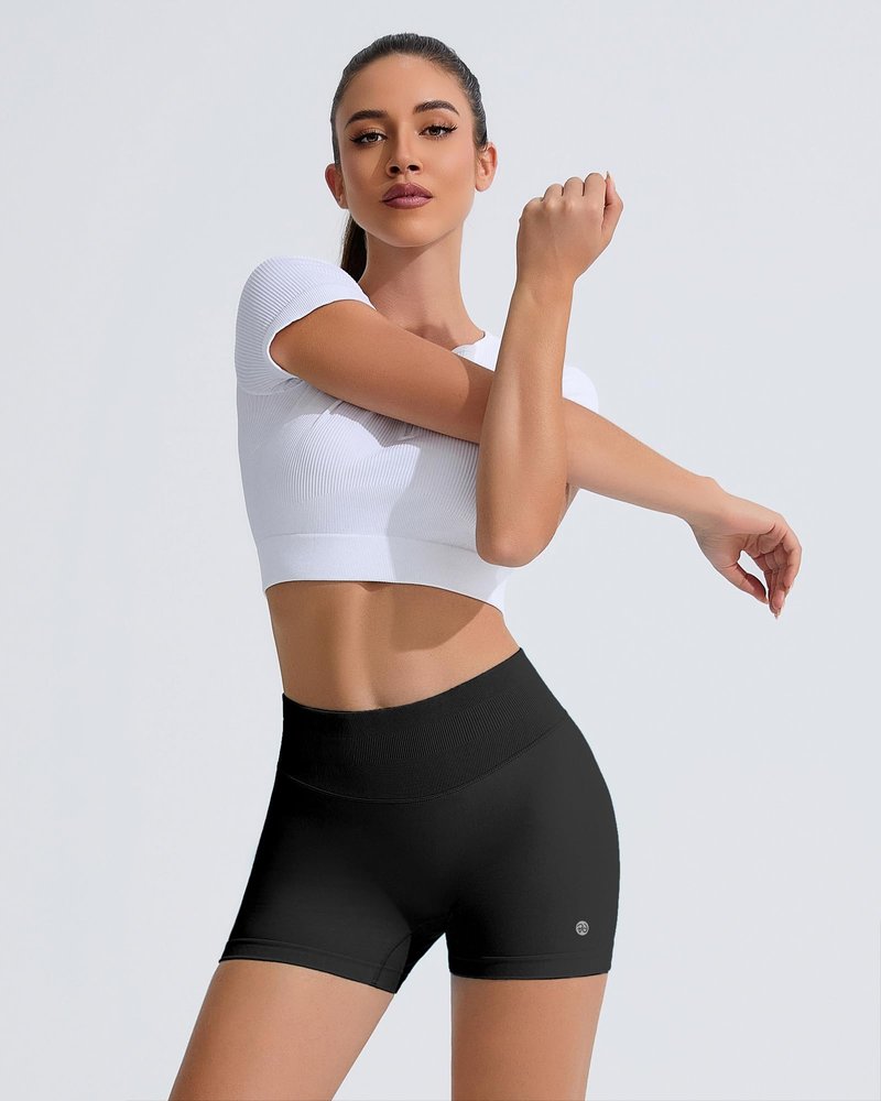RIOJOY Womens Workout Shorts 4" Seamless High Waisted Scrunch Sports Yoga Fitted Short Tummy Control Running Biker Athletic No Front Seam Pants Soft Lightweight Booty Leggings Black S