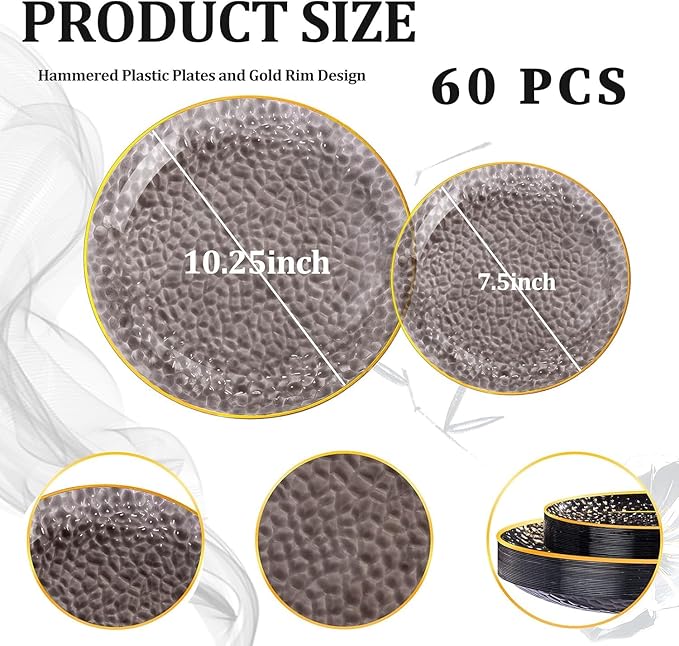 Rubtlamp 60Pcs Black Plastic Plates, Black Disposable Plates With Gold Rim, Clear Heavy-duty Party Plates, Hammered Plastic plates Include 30 Dessert Platos, 30 Dinner Platos for Party, New Year