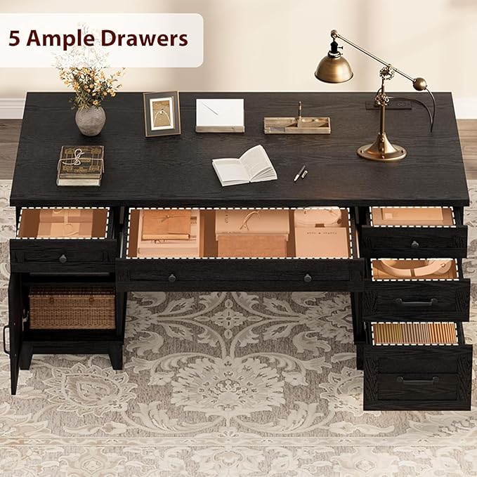60 Inch Farmhouse Executive Desk with File Drawers for Home Office, Large Computer Desk with Storage Cabinet & Charging Station, Wooden Writing Table with Power Outlets & USB Ports for Work Study