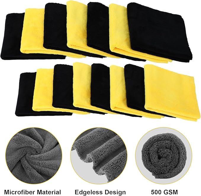 Shimeyao 30 Pcs 16 x 16 Inch Edgeless Microfiber Plush Towels for Cars Detailing Drying Wash Polishing Absorbent Cleaning Cloths, 500 GSM(Yellow)