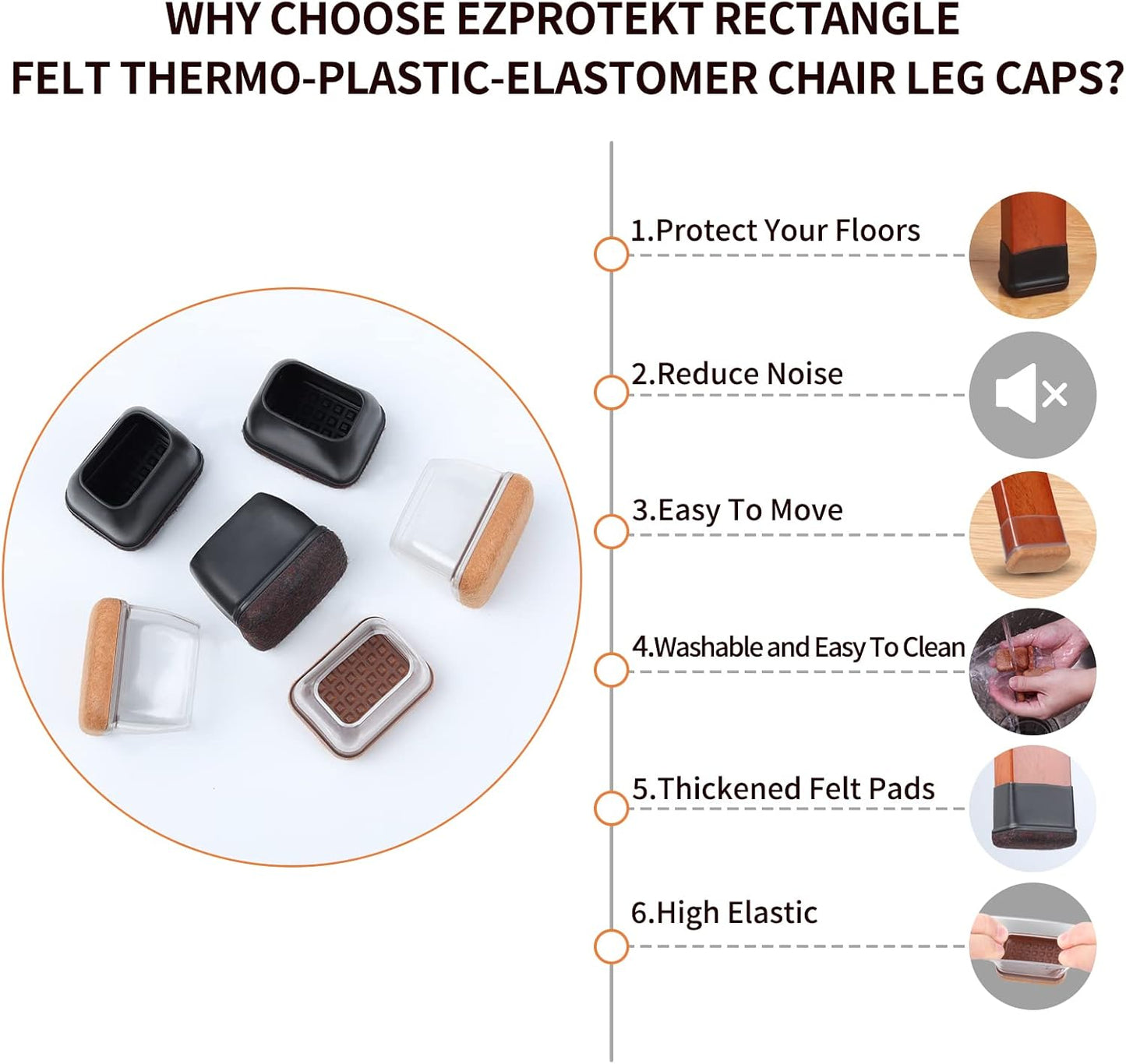 Ezprotekt 16 Pcs Rectangle Silicone Chair Leg Floor Protectors, Felt Rectangle Black Furniture Leg Cap Covers for Chair Table Desk - Anti- Scratches (Fit L :1.3-1.7", W: 0.9-1.2")