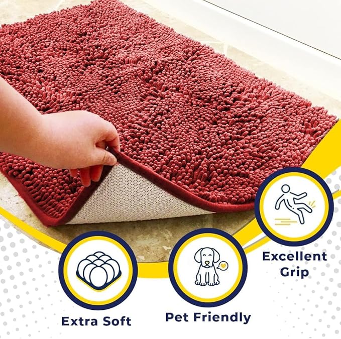 Muddy Mat® | Super Water Absorbent Door Mat Indoor, Microfiber Quick Dry Chenille Entryway Rug, Slip Resistant Front Door Mat, Indoor Mats for Entryway, Machine Washable Pet Rug, Red 36"x72"
