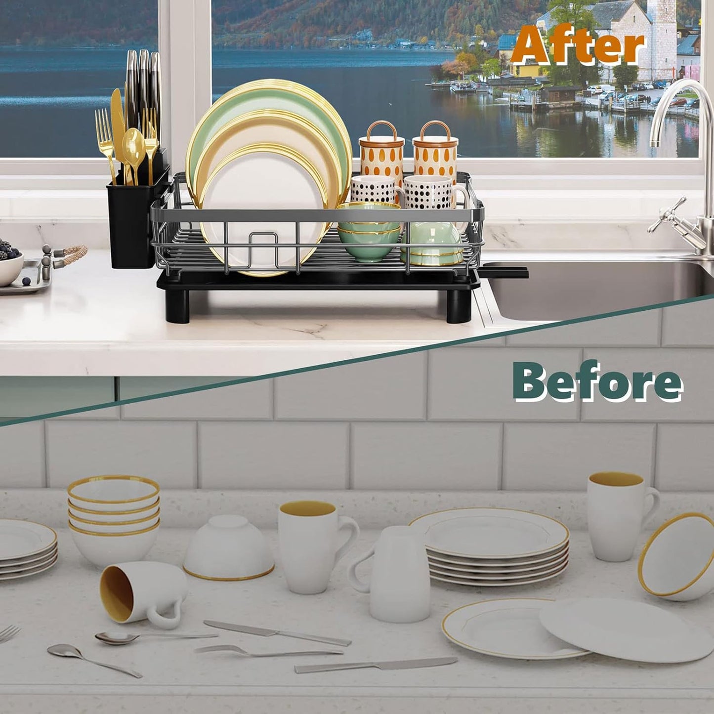 Iron Dish Drying Rack with Drainboard Dish Drainers for Kitchen Counter Extendable Spout Strainers with Utensil Holder and Knife Slots, Grey