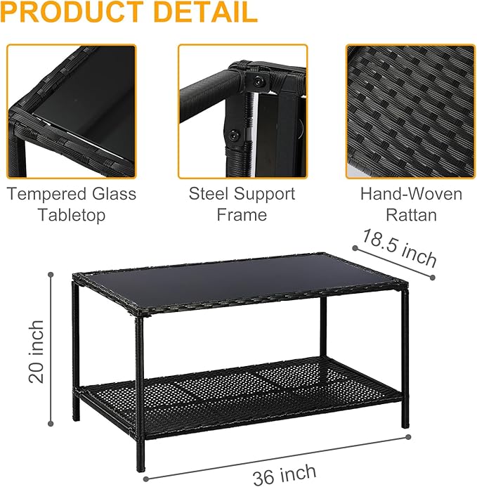 SUNNYPARK Outdoor Rattan Coffee Table 36’’ All-Weather Wicker Patio Side Tables with Glass Top and Storage Shelf Furniture for Living Room Balcony Backyard Poolside