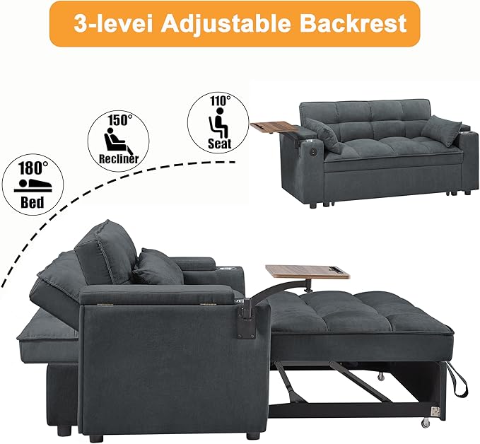 66" Multi-Functional Pull-Out Sofa Bed with Hidden Side Table, Storage Armrests, Built-in Charging Port, Spring Mattress, Solid Wood Frame – Ideal for Small Spaces, Easy Assembly