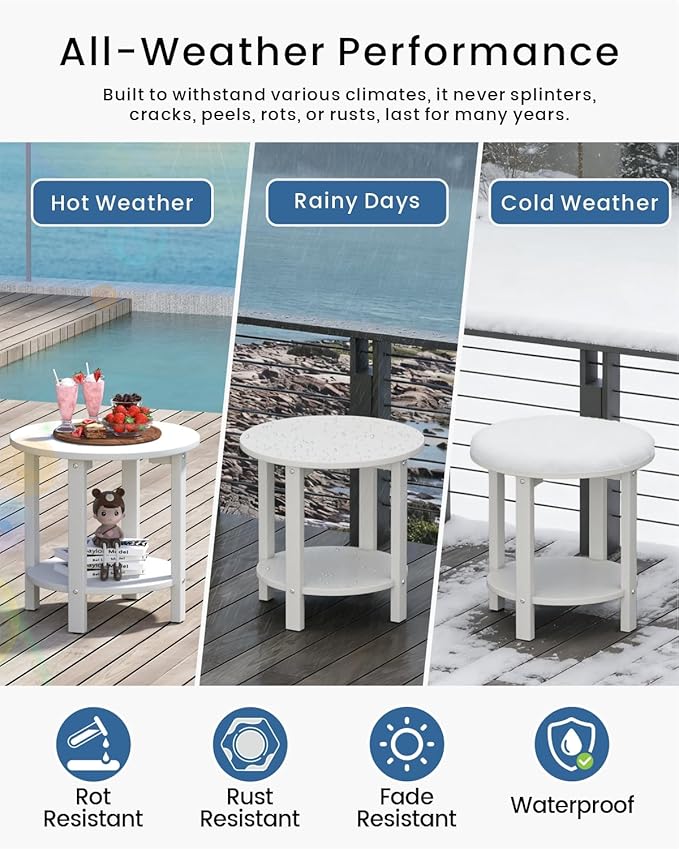 HDPE Round Outdoor Side Table, 18.1-Inch Weatherproof Small Outdoor Table for Adirondack, 2-Tier Patio End Table for Garden Backyard Porch Deck Balcony Poolside (White)