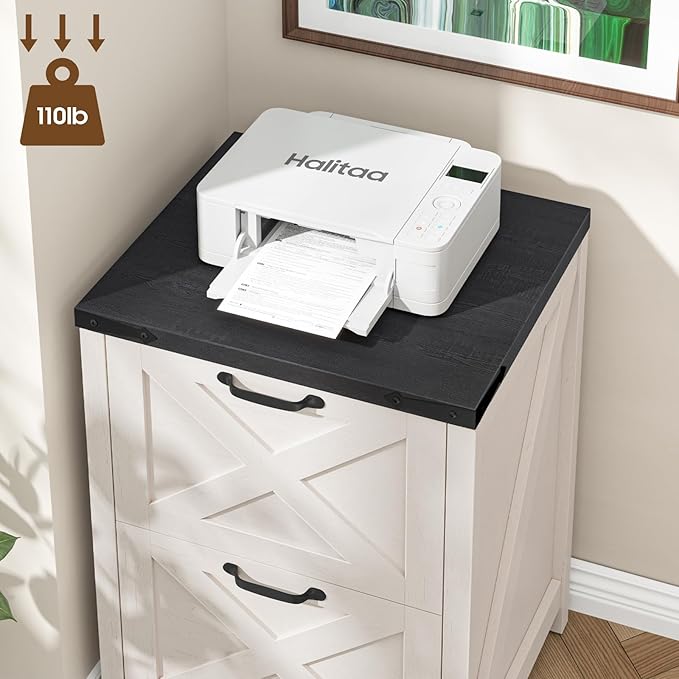 2 Drawer Small File Cabinet, Farmhouse Vertical Filing Cabinet Fits Letter and A4 Size, Under Desk Wooden File Cabinets for Home Office, Printer Stand, White and Black
