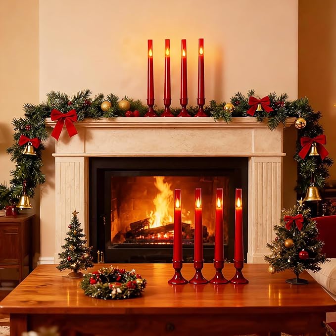 Lezonic Flameless Windows Candles Battery Operated with Timer Remote, 6Pcs Red Acrylic Flameless Candlesticks with Holders, LED Taper Candles Flickering for Halloween Christmas, 0.8 x 8 inches