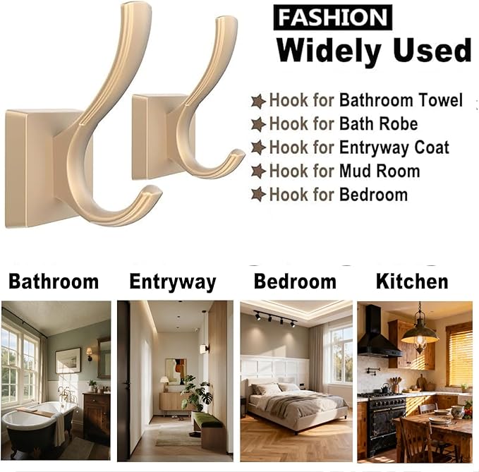 TOFIIGREM Gold Hooks for Wall Double Hooks, Heavy Duty Thick Bathroom Coat