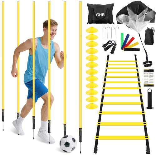 GHB Speed Agility Training Equipment, 6 Agility Poles, 20ft Agility Ladder, 12 Disc Cones, Resistance Parachute, Jump Rope, 4 Resistance Bands, Soccer Training Poles for Speed Agility Training