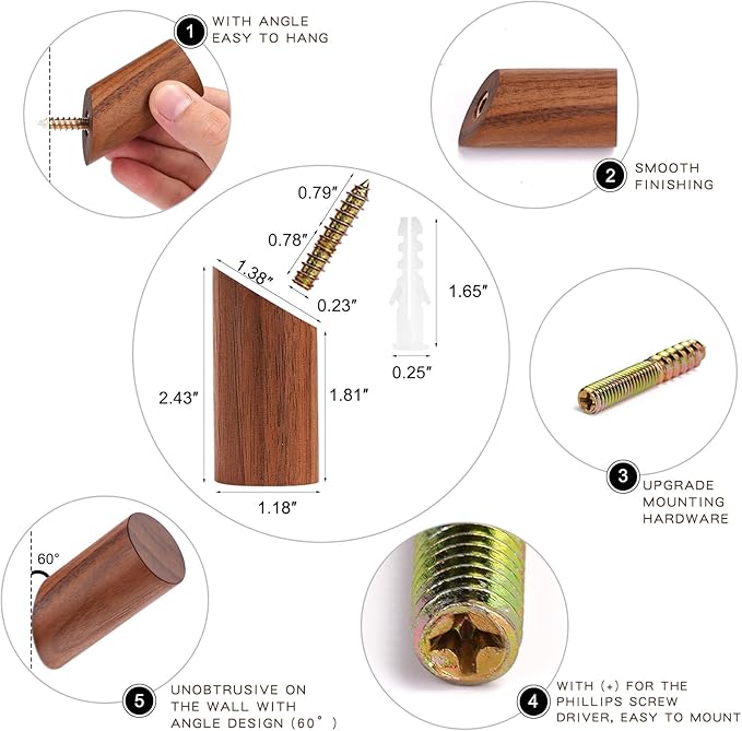 Felidio Wooden Wall Hooks, 2 Pack Coat Hooks Wall Mount, Natural Wood Hooks