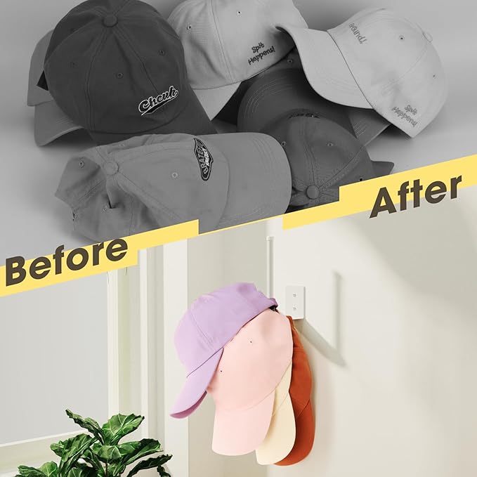 8 Pack Hat Racks for Baseball Caps, Stainless Steel Hat Organizer for Baseball Cap, Hat Holder Storage Organizer, Hat Hanger Strong Adhesive/Wall Drilled for Door, Bedroom, Closet(White 6 in)