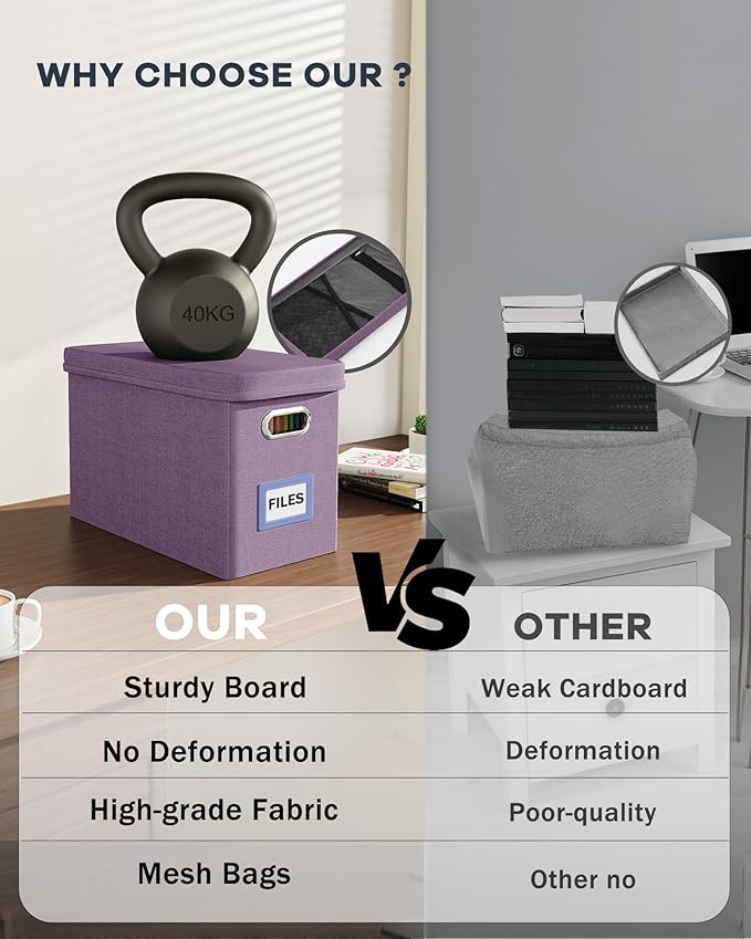 Oterri File Organizer with Lid, Hanging Filing Box with Mesh Pocket, Document Organizer for Letter Files, Portable Storage Box for Office & Home (1 PCS, Taro Purple)