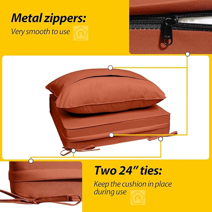 AAAAAcessories Outdoor Seat Cushions for Chairs, Fade-Resistant, Waterproof Patio Furniture Replacement Cushions, 24" x 24" x 5" + 24" x 19", Rust