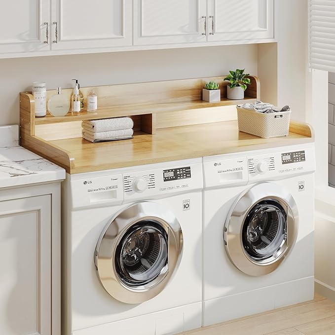 2-Tier Washer Dryer Countertop with 2.75" H Edge Rails, 58" W x 28" D Laundry Countertop for Folding Clothes, Washer and Dryer Topper with Non-Slip Pad (Pure Wood Color)