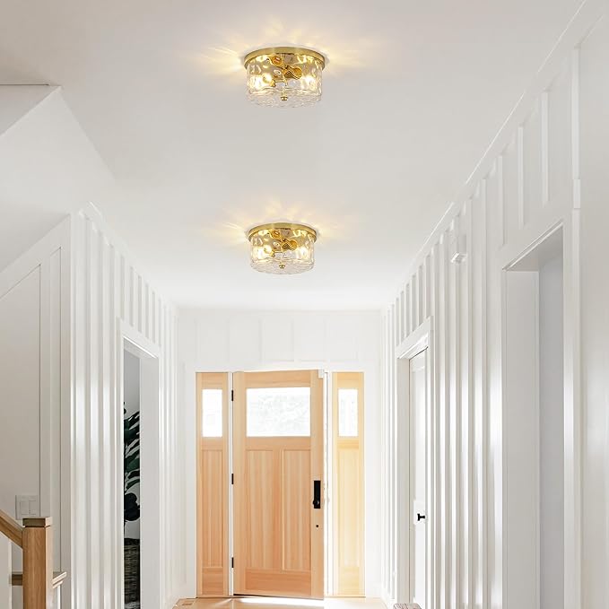 LamQee 9.8" Small Flush Mount Ceiling Light with Clear Hammered Glass, Brushed Gold Hallway Light Fixtures Ceiling Mount for Bathroom, 2-Lights Farmhouse Close to Ceiling Light Kitchen Foyer Bedroom