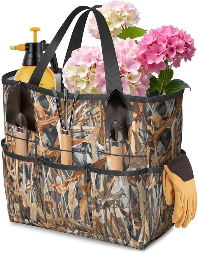 Green Camo Garden Tool Bag - Waterproof Garden Tote with 8 Pockets, Large Storage Home Organizer Gardening Tool Oxford Bag for Garden Tools Kits Holder, Ideal Outdoor Gardening Gift for Women & Men