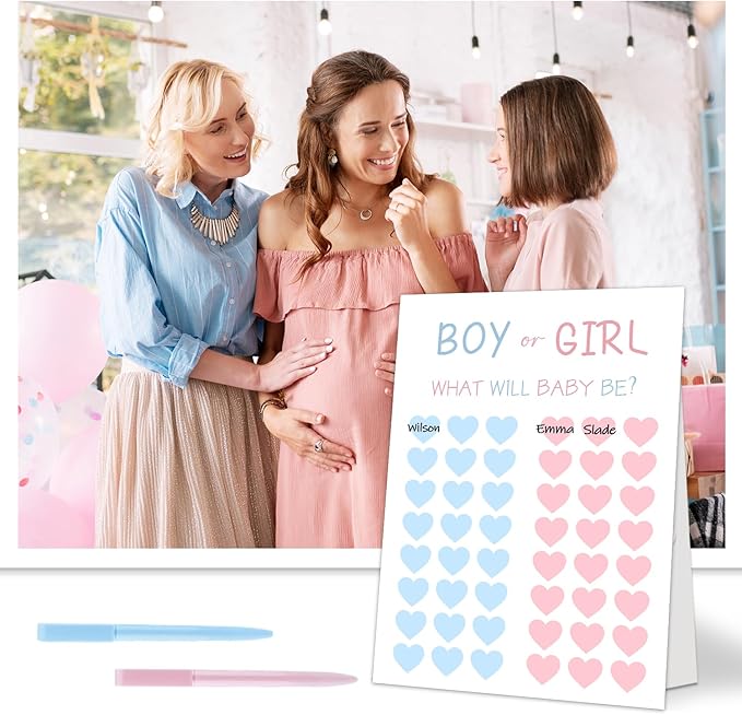 Gender Reveal Party Games, Blue and Pink Baby Gender Reveal Voting Board Sign, 48 Boy Girl Voting with Two Pens, He or She, Baby Gender Reveal Party Decorations Games for Boy or Girl Shower