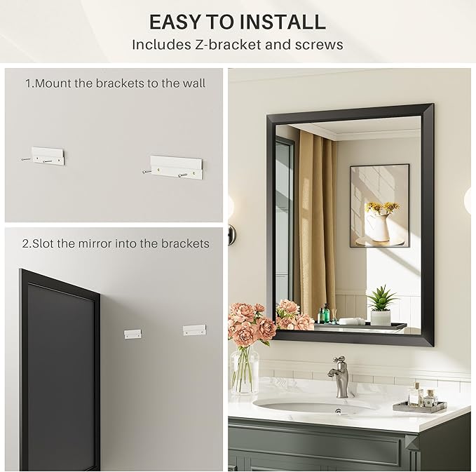 48x36 Inch Black Bathroom Mirror for Wall, Thick Metal Framed Rectangle Mirrors for Over Sink, Bedroom, Living Room, Entryway, Anti-Rust, HD Tempered Glass
