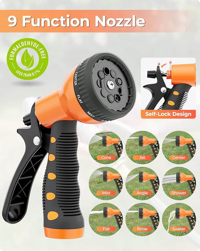 Ayleid Retractable Rubber Hybrid Garden Hose Reel, 1/2"x130ft Wall Mount | Anti-freeze, kink-free premium rubber hybrid hose, 24-month warranty, 9-pattern sprayer, any-length lock, slow auto-return.