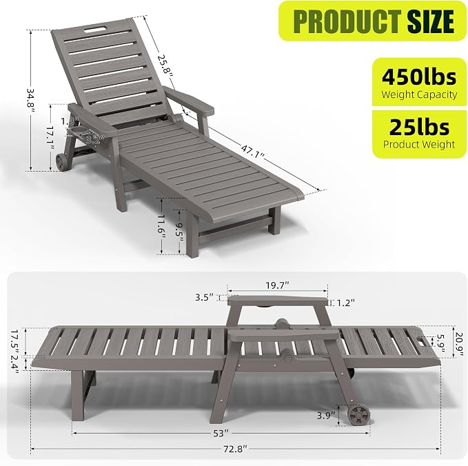 Patio Lounge Chairs Set of 2, Outdoor Chaise Lounge with Cup Holder | 5-Position Reclining, Easy-Glide Lockable Wheels, Built-In Cup Holder with Armrests, Patio Garden, Beach Pool-Side, Rust-Free