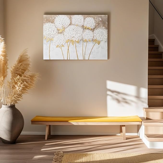 JolyWell White Hydrangea Flower Wall Art, hand-painted Large Canvas Wall Art for Living Room, 3D Textured Oil Painting, Neutral Wall Art decor, Kitchen Bathroom Office Bedroom Wall Art Decor 40" 28"