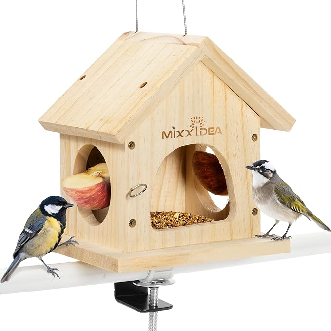 MIXXIDEA Deck Bird Feeder for Railing, Wooden Balcony Deck Bird Feeders for Outside, with Metal Clamp, Easy to use (1pk)