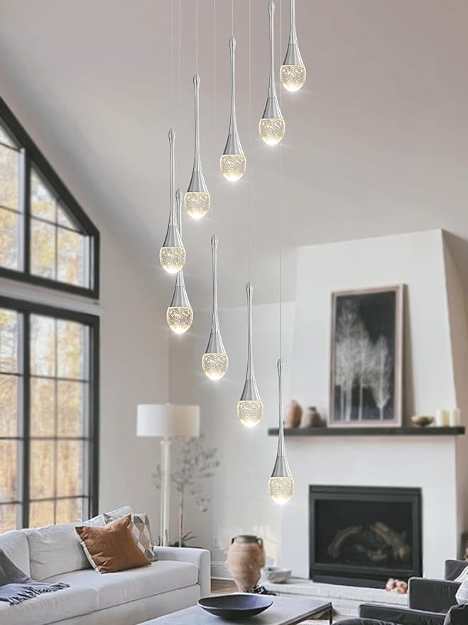 9-Lights H100'' Modern Chandelier 9-Lights Silver Foyer Entrance Chandeliers High Ceiling Chandelier LED Dimmable 2700-6000K Fixtures