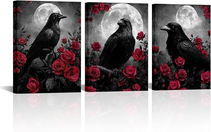 LevvArts Crow Canvas Wall Art Gothic Crow with Rose Painting Spooky Pictures Bathroom Bedroom Wall Decor (Red)