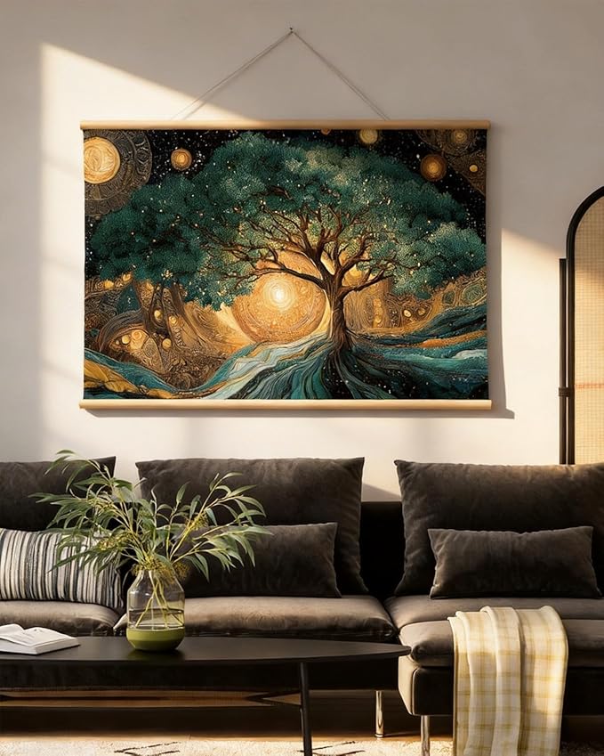 VIYYIEA Extra Large Canvas Wall Art, Tree of Life Abstract Wall Hanging with Wooden Scroll Frame, Spiritual Nature Decor for Living Room Bedroom Meditation Space, 36x54 Inch