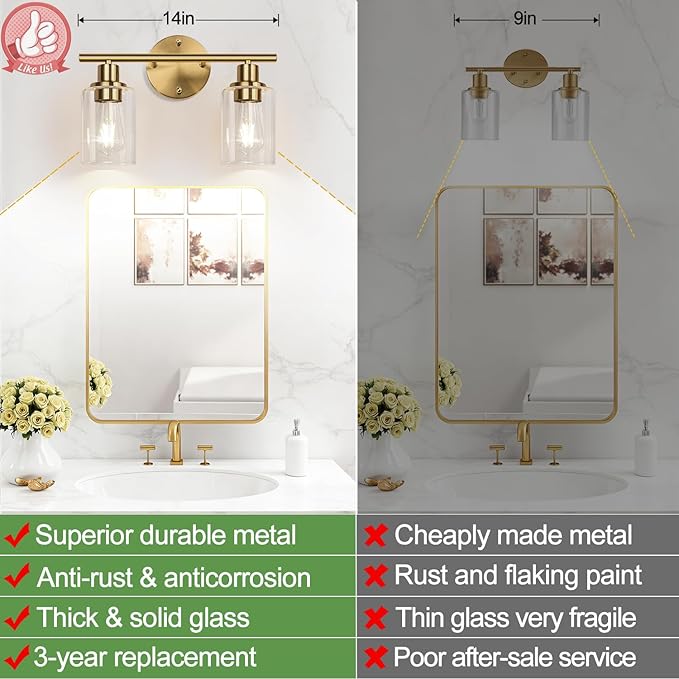 Zarbitta 2-Light Bathroom Light Fixtures, Brushed Gold Vanity Light, Modern