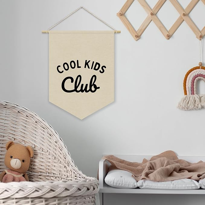 Kids Room Decor, Cool Kids Club Linen Canvas Banner, Neutral Minimalist PlayRoom Wall Hanging Pennant Flag Banner for Nursery Toddler Room Bedroom Decor, 15x11in