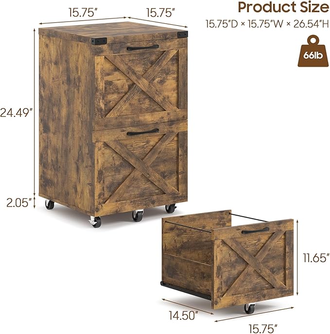2 Drawer Small File Cabinet with Wheels, Farmhouse Vertical Filing Cabinet Fits A4 or Letter Size, Under Desk Rolling File Cabinets for Home Office, Wooden Printer Stand, Brown
