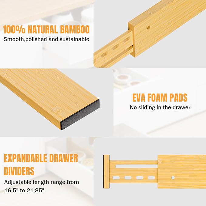Bamboo Drawer Dividers 4" High, 16.5-22" Adjustable Drawer Organizers for Clothes,Expandable Dresser Separators in Bedroom/Kitchen/Bathroom/Office Organization and Storage,4 Pack