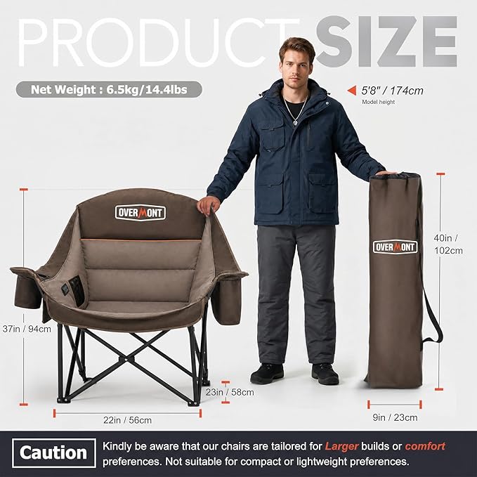 Overmont Gentle Heated Oversized Camping Chair for Adults - 3 Levels Seat & Back Separately Control - 500lbs Support Heavy Duty Padded Folding Chair Outdoor Garden Portable - Battery NOT Included