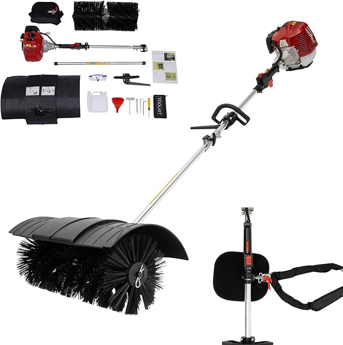 Gas Handheld Sweeper,Outdoor Hand Held Gas Power Broom,52cc 2Stroke Gasoline Power Broom Walk Behind Sweeper Cleaning Driveway Tools High Performance Cleaner (A)