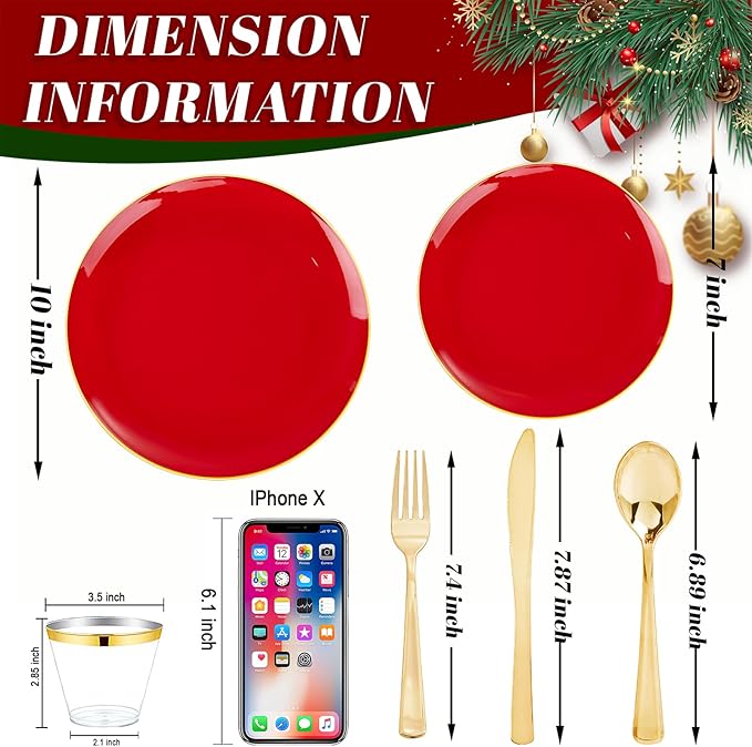 WDF 150Pcs Red Plastic Plates - Red Plates Disposable - 25Guest Christmas Dinnerware Include 25 Dinner Plate, 25 Dessert Plate, 75 Cutlery & 25 9oz Cups for Christmas & Parties