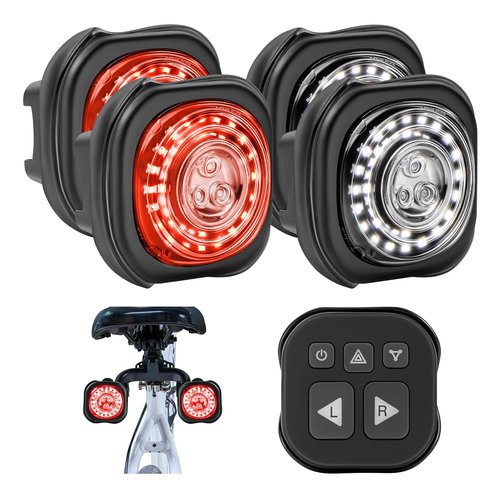 WhiteRhino Bike Lights System-Turn Signal,Taillight&Headlight,Sync Front&Rear Bike Light for Night Riding,3+2+1 Light Modes Rechargeable Bicycle Light with Remote Controller,IP67W/P Day/Night Mode,4pc
