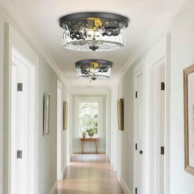 Modern Flush Mount Light, Farmhouse Close to Ceiling Lighting, Hammered Glass Light for Bedroom, Living Room, Kitchen Island (Black, 13" D)
