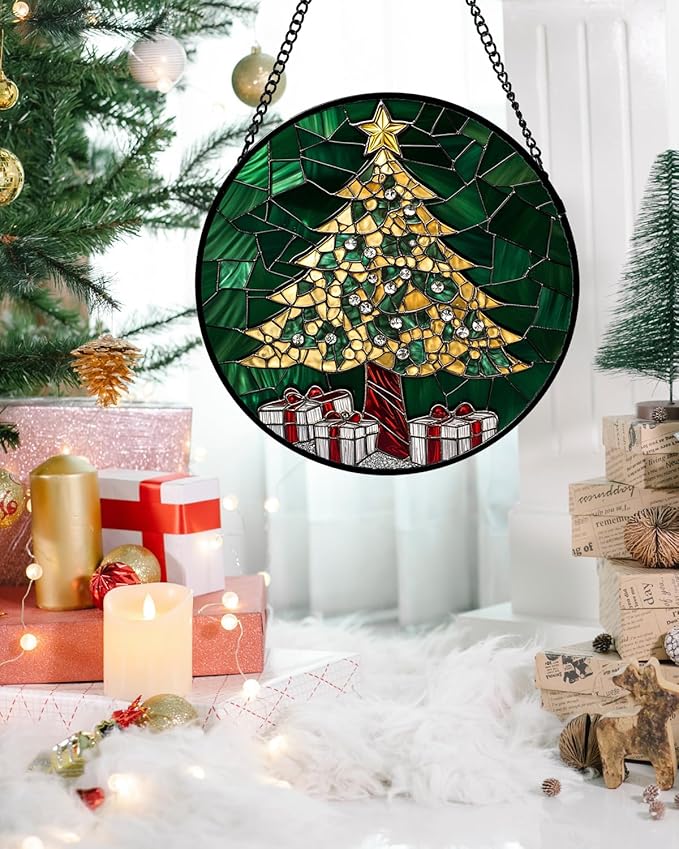 Stained Glass Window Hanging - Gold Green Christmas Tree Suncatcher for Doors Home Christmas Decoration Winter Sun Catcher Thanksgiving New Year Birthday Gifts for Women Men Mom Nana 11.8 in